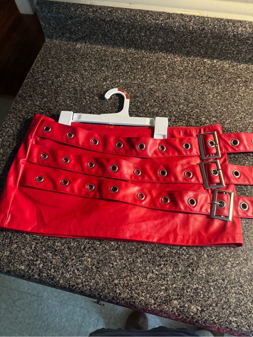 Y2K inspired H&M Red Faux-Leather Mini Skirt with Grommet Straps